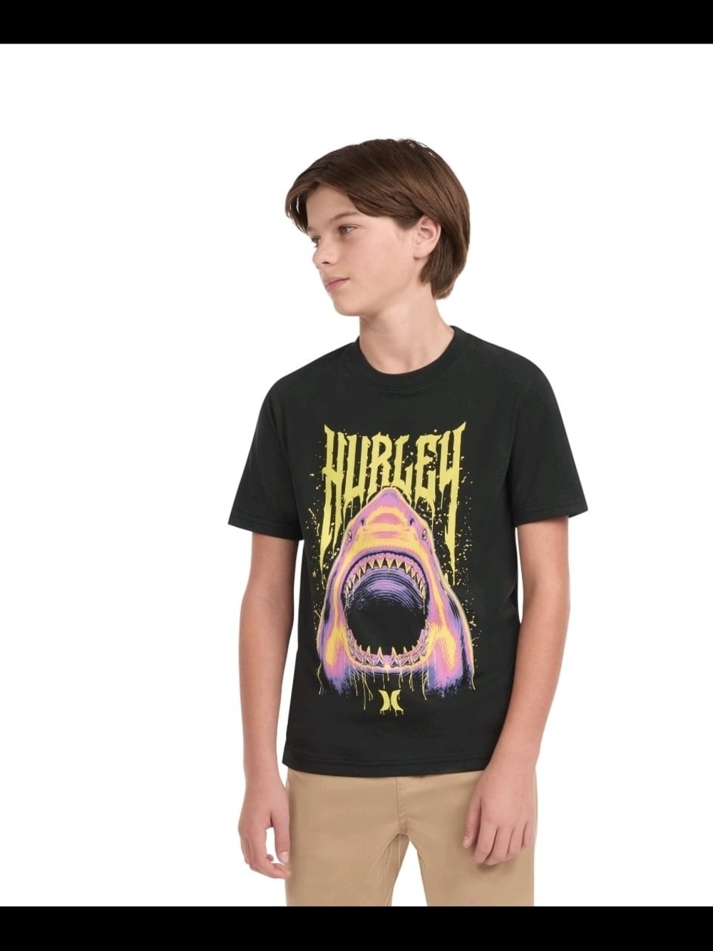 Hurley Boys Graphic Logo Shark Crew Neck Short Sleeve T-Shirt Black Size 10 NWT